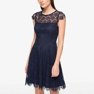 Kensie Womens Size 4 Fit & Flare Dress Scallop Lace Open Back Navy Blue KDKP0206